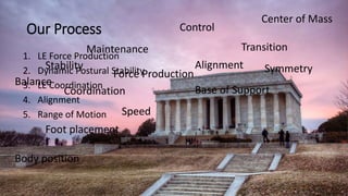 Stability
Coordination
Force Production
Alignment
Speed
Center of Mass
Base of Support
Control
Maintenance
Foot placement
Transition
Symmetry
Body position
Balance
Our Process
1. LE Force Production
2. Dynamic Postural Stability
3. LE Coordination
4. Alignment
5. Range of Motion
 