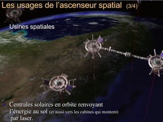 Usines spatiales Centrales solaires en orbite renvoyant l’énergie au sol  (et aussi vers les cabines qui montent)   par laser. Les usages de l’ascenseur spatial  (3/4) 