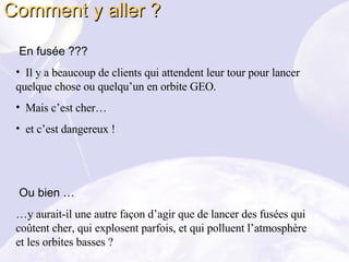 Comment y aller ? En fusée ??? Il y a beaucoup de clients qui attendent leur tour pour lancer quelque chose ou quelqu’un en orbite GEO. Mais c’est cher… et c’est dangereux ! Ou bien … … y aurait-il une autre façon d’agir que de lancer des fusées qui coûtent cher, qui explosent parfois, et qui polluent l’atmosphère et les orbites basses ? 