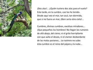 ¡Dos alas!... ¿Quién tuviera dos alas para el vuelo?
Esta tarde, en la cumbre, casi las he tenido.
Desde aquí veo el mar, tan azul, tan dormido,
que si no fuera un mar, ¡Bien sería otro cielo!...

Cumbres, divinas cumbres, excelsos miradores...
¡Que pequeños los hombres! No llegan los rumores
de allá abajo, del cieno; ni el grito horripilante
con que aúlla el deseo, ni el clamor desbordante
de las malas pasiones... Lo rastrero no sube:
ésta cumbre es el reino del pájaro y la nube...
 