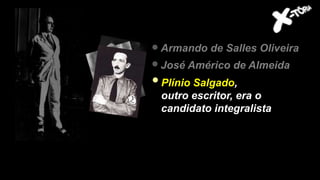 Armando de Salles Oliveira
José Américo de Almeida
Plínio Salgado,
outro escritor, era o
candidato integralista
 