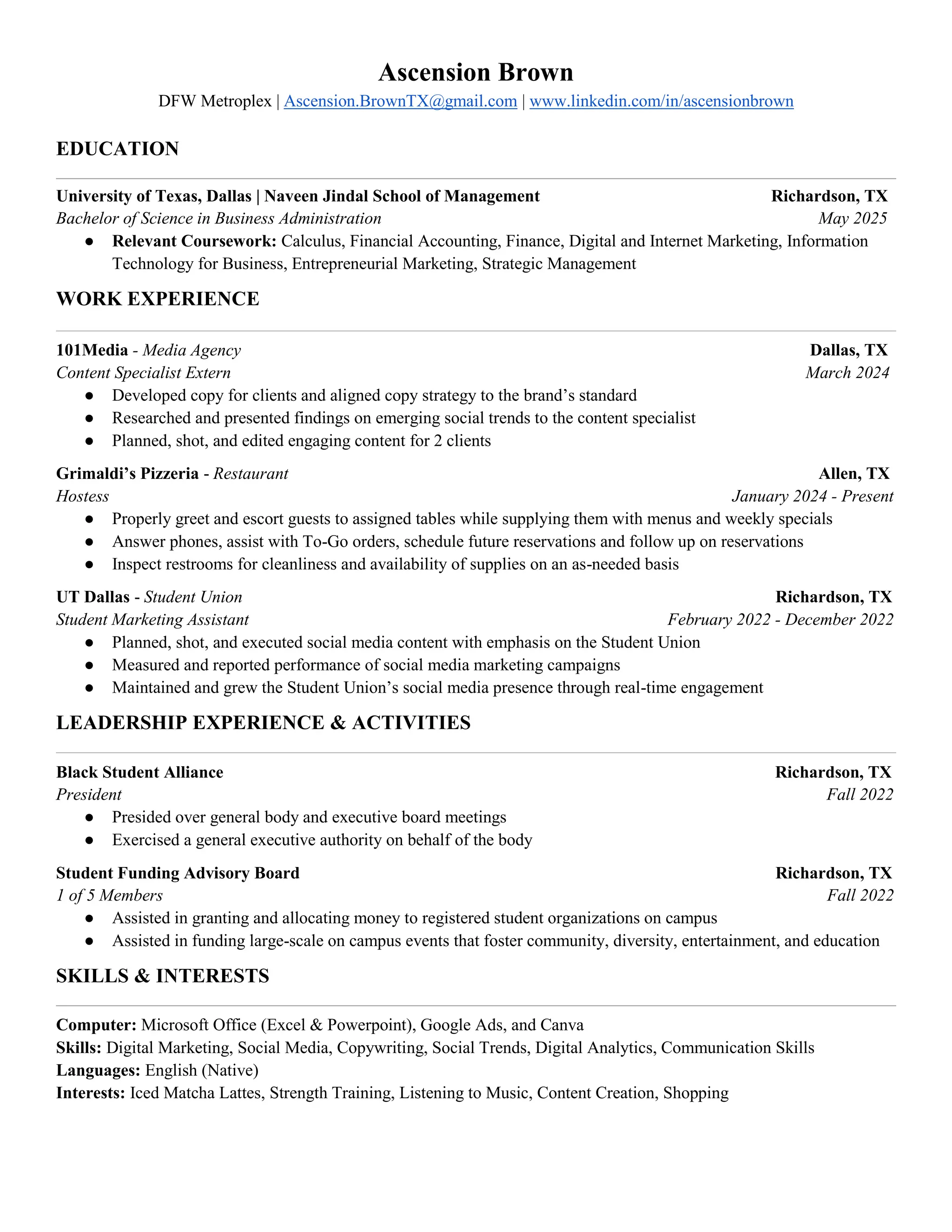 Ascension Brown Internship Resume 2024 PDF Free Download