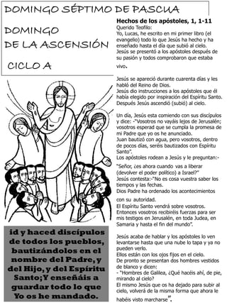 2
DOMINGO SÉPTIMO DE PASCUA
DOMINGO
DE LA ASCENSIÓN
CICLO A
id y haced discípulos
de todos los pueblos,
bautizándolos en el
nombre del Padre,y
del Hijo,y del Espíritu
Santo;Y enseñáis a
guardar todo lo que
Yo os he mandado.
Hechos de los apóstoles, 1, 1-11
Querido Teofilo:
Yo, Lucas, he escrito en mi primer libro (el
evangelio) todo lo que Jesús ha hecho y ha
enseñado hasta el día que subió al cielo.
Jesús se presentó a los apóstoles después de
su pasión y todos comprobaron que estaba
vivo.
Jesús se apareció durante cuarenta días y les
habló del Reino de Dios.
Jesús dio instrucciones a los apóstoles que él
había elegido por inspiración del Espíritu Santo.
Después Jesús ascendió (subió) al cielo.
Un día, Jesús esta comiendo con sus discípulos
y dice: -“Vosotros no vayáis lejos de Jerusalén;
vosotros esperad que se cumpla la promesa de
mi Padre que yo os he anunciado.
Juan bautizó con agua, pero vosotros, dentro
de pocos días, seréis bautizados con Espíritu
Santo”.
Los apóstoles rodean a Jesús y le preguntan:-
“Señor, ¿es ahora cuando vas a liberar
(devolver el poder político) a Israel?”
Jesús contesta:-“No es cosa vuestra saber los
tiempos y las fechas.
Dios Padre ha ordenado los acontecimientos
con su autoridad.
El Espíritu Santo vendrá sobre vosotros.
Entonces vosotros recibiréis fuerzas para ser
mis testigos en Jerusalén, en toda Judea, en
Samaria y hasta el fin del mundo”.
Jesús acaba de hablar y los apóstoles lo ven
levantarse hasta que una nube lo tapa y ya no
pueden verlo.
Ellos están con los ojos fijos en el cielo.
De pronto se presentan dos hombres vestidos
de blanco y dicen:
- “Hombres de Galilea, ¿Qué hacéis ahí, de pie,
mirando al cielo?
El mismo Jesús que os ha dejado para subir al
cielo, volverá de la misma forma que ahora le
habéis visto marcharse”.
 