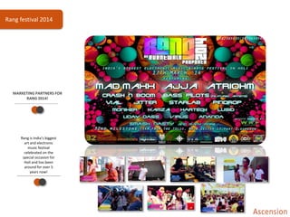 MARKETING PARTNERS FOR
RANG 2014!
Rang is India’s biggest
art and electronic
music festival
celebrated on the
special occasion for
Holi and has been
around for over 5
years now!
Rang festival 2014
 