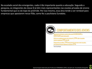 Na escalada social dos emergentes, nada é tão importante quanto a educação. Segundo a
pesquisa, os integrantes da classe D já têm mais representantes nas escolas privadas de ensino
fundamental que os do topo da pirâmide. Por isso mesmo, essa área tende a ser rentável para
empresas que apostarem nesse filão, como fez a paulistana Eurodata.




                                  Apresentação elaborada pela Professora FERNANDA LOPES, disciplina de Atualidades/Geografia
 