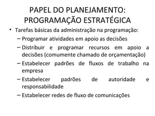PAPEL DO PLANEJAMENTO:
PROGRAMAÇÃO ESTRATÉGICA
• Tarefas básicas da administração na programação:
– Programar atividades em apoio as decisões
– Distribuir e programar recursos em apoio a
decisões (comumente chamado de orçamentação)
– Estabelecer padrões de fluxos de trabalho na
empresa
– Estabelecer padrões de autoridade e
responsabilidade
– Estabelecer redes de fluxo de comunicações
 