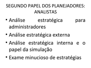 SEGUNDO PAPEL DOS PLANEJADORES:
ANALISTAS
• Análise estratégica para
administradores
• Análise estratégica externa
• Análise estratégica interna e o
papel da simulação
• Exame minucioso de estratégias
 