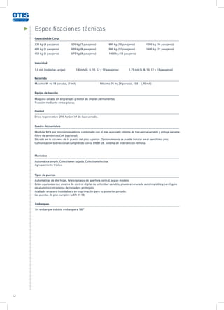 12
Especificaciones técnicas
525 kg (7 pasajeros)
630 kg (8 pasajeros)
675 kg (9 pasajeros)
800 kg (10 pasajeros)
900 kg (12 pasajeros)
1000 kg (13 pasajeros)
1250 kg (16 pasajeros)
1600 kg (21 pasajeros)
Capacidad de Carga
320 kg (4 pasajeros)
400 kg (5 pasajeros)
450 kg (6 pasajeros)
Velocidad
1,0 m/s (todas las cargas) 1,6 m/s (6, 8, 10, 12 y 13 pasajeros) 1,75 m/s (6, 8, 10, 12 y 13 pasajeros)
Recorrido
Máximo 45 m; 18 paradas, (1 m/s) Máximo 75 m; 24 paradas, (1,6 - 1,75 m/s)
Equipo de tracción
Máquina sellada sin engranajes y motor de imanes permanentes.
Tracción mediante cintas planas.
Control
Drive regenerativo OTIS ReGen VF de lazo cerrado.
Maniobra
Automática simple. Colectiva en bajada. Colectiva selectiva.
Agrupamiento tríplex.
Tipos de puertas
Automáticas de dos hojas, telescópicas o de apertura central, según modelo.
Están equipadas con sistema de control digital de velocidad variable, pisadera ranurada autolimpiable y carril-guía
de aluminio con sistema de rodadera protegido.
Acabado en acero inoxidable o en imprimación para su posterior pintado.
Las puertas de piso cumplen la EN 81-58.
Embarques
Un embarque o doble embarque a 180º
Cuadro de maniobra
Modular MCS por microprocesadores, combinado con el más avanzado sistema de frecuencia variable y voltaje variable.
Filtro de armónicos CHF (opcional)
Situado en la columna de la puerta del piso superior. Opcionalmente se puede instalar en el penúltimo piso.
Comunicación bidireccional cumpliendo con la EN 81-28. Sistema de intervención remota.
 
