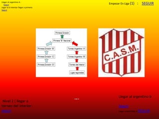 Empezar En Liga (1) : SEGUIR
Nivel 2 ( llegar a
torneo del interior:
seguir
Llegar al argentino b
Seguir
Llegar a NACIONAL B SEGUIR
Llegar al argentino A :
Seguir
Jugar la b intentar llegar a primera
Seguir
 
