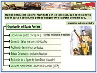 Huelga del pueblo italiano, reprimido por los fascistas, que obligó al rey a
hacer parte a este nuevo partido del gobierno (Marcha de Roma 1922)
Partido Nacional Fascista
Mussolini primer ministro
 