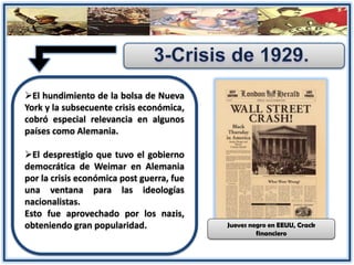 El hundimiento de la bolsa de Nueva
York y la subsecuente crisis económica,
cobró especial relevancia en algunos
países como Alemania.
El desprestigio que tuvo el gobierno
democrática de Weimar en Alemania
por la crisis económica post guerra, fue
una ventana para las ideologías
nacionalistas.
Esto fue aprovechado por los nazis,
obteniendo gran popularidad. Jueves negro en EEUU, Crack
financiero
 