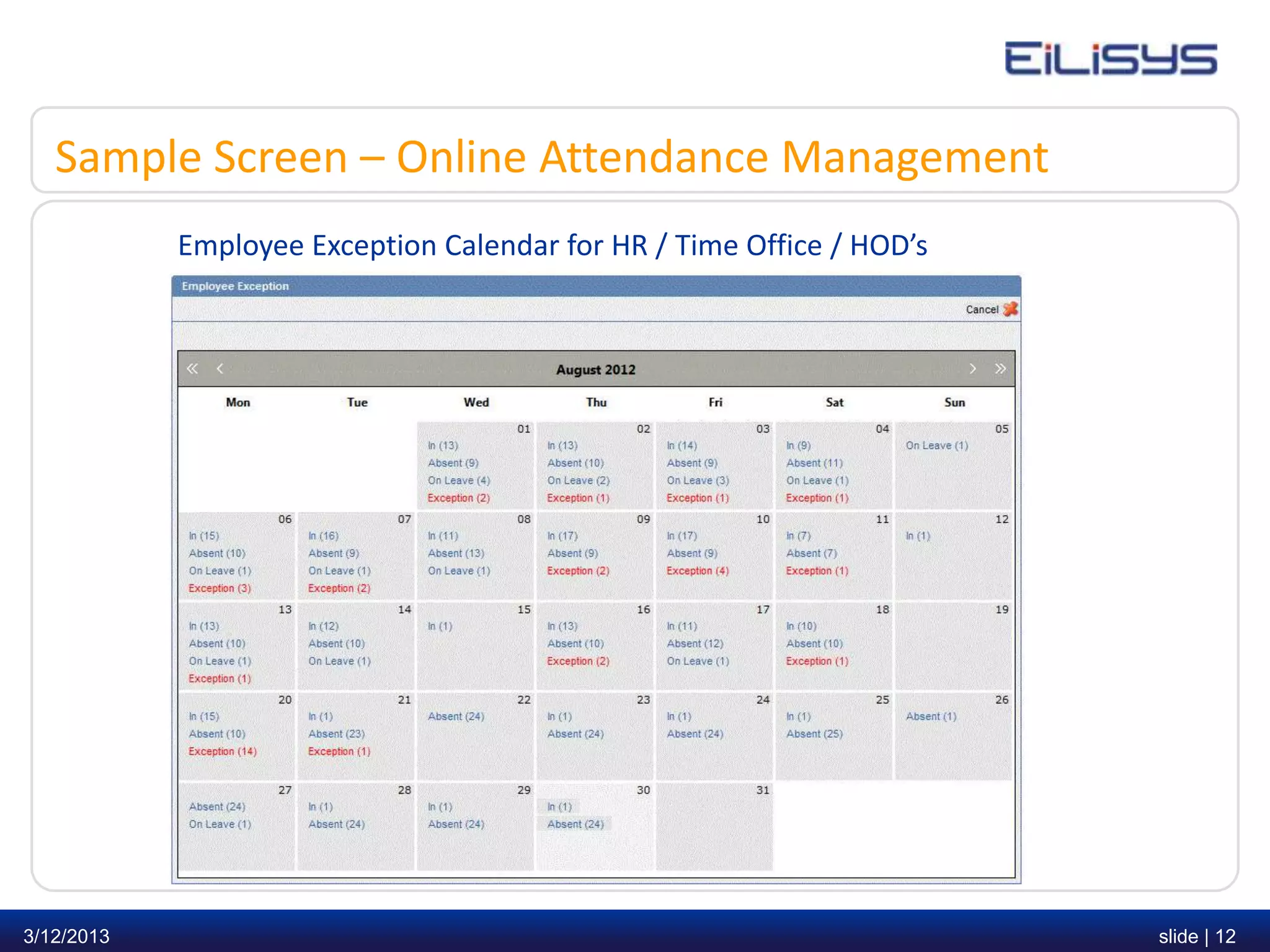 Sample Screen – Online Attendance Management
            Employee Exception Calendar for HR / Time Office / HOD’s




3/12/2013                                                              slide | 12
 