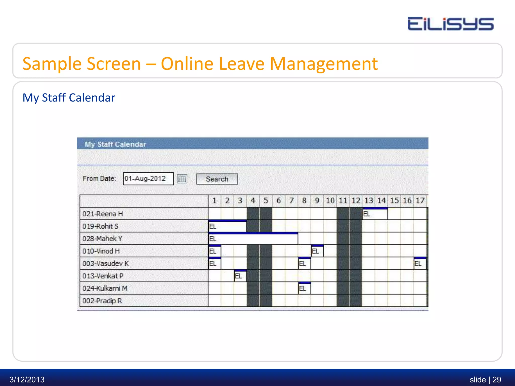 Sample Screen – Online Leave Management
   My Staff Calendar




3/12/2013                                    slide | 29
 