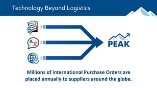 Technology Beyond Logistics
Millions of international Purchase Orders are
placed annually to suppliers around the globe.
 