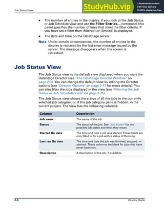 Job Status View The DataStage Director
2-6 Director Guide
̈ The number of entries in the display. If you look at the Job Status
or Job Schedule view and use the Filter Entries… command, this
panel specifies the number of lines that meet the filter criteria. If
you have set a filter then (filtered) or (limited) is displayed.
̈ The date and time on the DataStage server.
Note Under certain circumstances, the number of entries in the
display is replaced by the last error message issued by the
server. The message disappears when the screen is
refreshed.
Job Status View
The Job Status view is the default view displayed when you start the
DataStage Director (see "The DataStage Director Window" on
page 2-3). You can change the default view by editing the Director
options (see "Director Options" on page 2-17 for more details). You
can also filter the jobs displayed in the view (see "Filtering the Job
Status or Job Schedule View" on page 2-11).
The Job Status view shows the status of all the jobs in the currently
selected job category, or, if the job category pane is hidden, in the
current project. The view has the following columns:
Column Description
Job name The name of the job.
Status The status of the job. See "Job States" for the
possible job states and what they mean.
Started On date The time and date a job was started. These fields are
only filled in for a job with a status of Running.
Last ran On date The time and date the job was finished, stopped, or
aborted. These columns are blank for jobs that have
never been run.
Description A description of the job, if available.
 