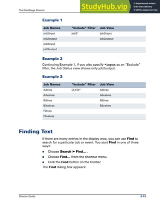 The DataStage Director Finding Text
Director Guide 2-13
Example 1
Example 2
Continuing Example 1, if you also specify *input as an “Exclude”
filter, the Job Status view shows only job2output.
Example 3
Finding Text
If there are many entries in the display area, you can use Find to
search for a particular job or event. You start Find in one of three
ways:
̈ Choose Search ➤ Find… .
̈ Choose Find… from the shortcut menu.
̈ Click the Find button on the toolbar.
The Find dialog box appears:
Job Names “Include” Filter Job View
job2input job2* job2input
job2output job2output
job3input
job3output
Job Names “Include” Filter Job View
A3tires [A-E]3* A3tires
A3valves A3valves
B3tires B3tires
B3valves B3valves
F3tires
F3valves
 