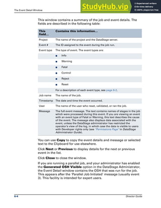 The Event Detail Window The Job Log File
6-4 Director Guide
This window contains a summary of the job and event details. The
fields are described in the following table:
You can use Copy to copy the event details and message or selected
text to the Clipboard for use elsewhere.
Click Next or Previous to display details for the next or previous
event in the list.
Click Close to close the window.
If you are running a parallel job, and your administrator has enabled
the Generated OSH Visible option in the DataStage Administrator,
the Event Detail window contains the OSH that was run for the job.
This appears after the 'Parallel Job Initiated' message (usually event
3). This facility is intended for expert users.
This
field…
Contains this information…
Project The name of the project and the DataStage server.
Event # The ID assigned to the event during the job run.
Event type The type of event. The event types are:
̈ Info
̈ Warning
̈ Fatal
̈ Control
̈ Reject
̈ Reset
For a description of each event type, see page 6-2.
Job name The name of the job.
Timestamp The date and time the event occurred.
User The name of the user who reset, validated, or ran the job.
Message The full event message. The text contains names of stages in the job
which were processed during this event. If you are viewing an event
with an event type of Fatal or Warning, this text describes the cause
of the event. The message also displays data associated with the
event, unless the DataStage administrator has restricted the
operator’s view of the log, in which case the data is visible to users
with Developer rights only (see "Permissions Page" in DataStage
Administrator Guide).
 
