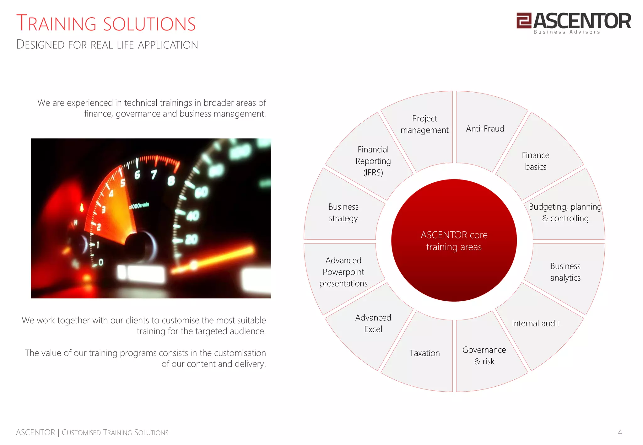 4ASCENTOR | CUSTOMISED TRAINING SOLUTIONS
TRAINING SOLUTIONS
DESIGNED FOR REAL LIFE APPLICATION
Anti-Fraud
Finance
basics
Budgeting, planning
& controlling
Business
analytics
Internal audit
Governance
& risk
Taxation
Advanced
Excel
Advanced
Powerpoint
presentations
Business
strategy
Financial
Reporting
(IFRS)
Project
management
ASCENTOR core
training areas
We are experienced in technical trainings in broader areas of
finance, governance and business management.
We work together with our clients to customise the most suitable
training for the targeted audience.
The value of our training programs consists in the customisation
of our content and delivery.
 