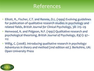  Elliott, R., Fischer, C.T. and Rennie, D.L. (1999) Evolving guidelines
for publication of qualitative research studies in psychology and
related fields, British Journal for Clinical Psychology, 38: 215–29
 Henwood, K. and Pidgeon, N.F. (1992) Qualitative research and
psychological theorising, British Journal of Psychology, 83(1): 97–
112
 Willig, C. (2008). Introducing qualitative research in psychology:
Adventures in theory and method (2nd edition ed.). Berkshire, UK:
Open University Press
References
 