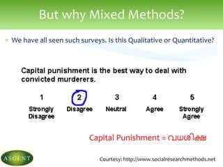 But why Mixed Methods?
 We have all seen such surveys. Is this Qualitative or Quantitative?
Courtesy: http://www.socialresearchmethods.net
Capital Punishment = വ്ധശിക്ഷ
 