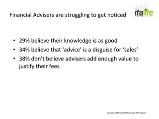 Financial Advisers are struggling to get noticed 29% believe their knowledge is as good 34% believe that ‘advice’ is a disguise for ‘sales’ 38% don’t believe advisers add enough value to justify their fees Compeer March 2009 Financial DIY Report 