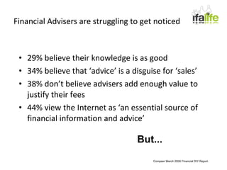 Financial Advisers are struggling to get noticed 29% believe their knowledge is as good 34% believe that ‘advice’ is a disguise for ‘sales’ 38% don’t believe advisers add enough value to justify their fees 44% view the Internet as ‘an essential source of financial information and advice’ Compeer March 2009 Financial DIY Report But... 