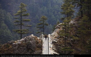 A porter crosses a bridge while on his way back from Namche, approximately 11155 feet above sea level in Solukhumbu District April 26, 2014.
 