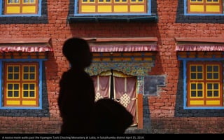 A novice monk walks past the Kyamgon Tashi Chocling Monastery at Lukla, in Solukhumbu district April 25, 2014.
 