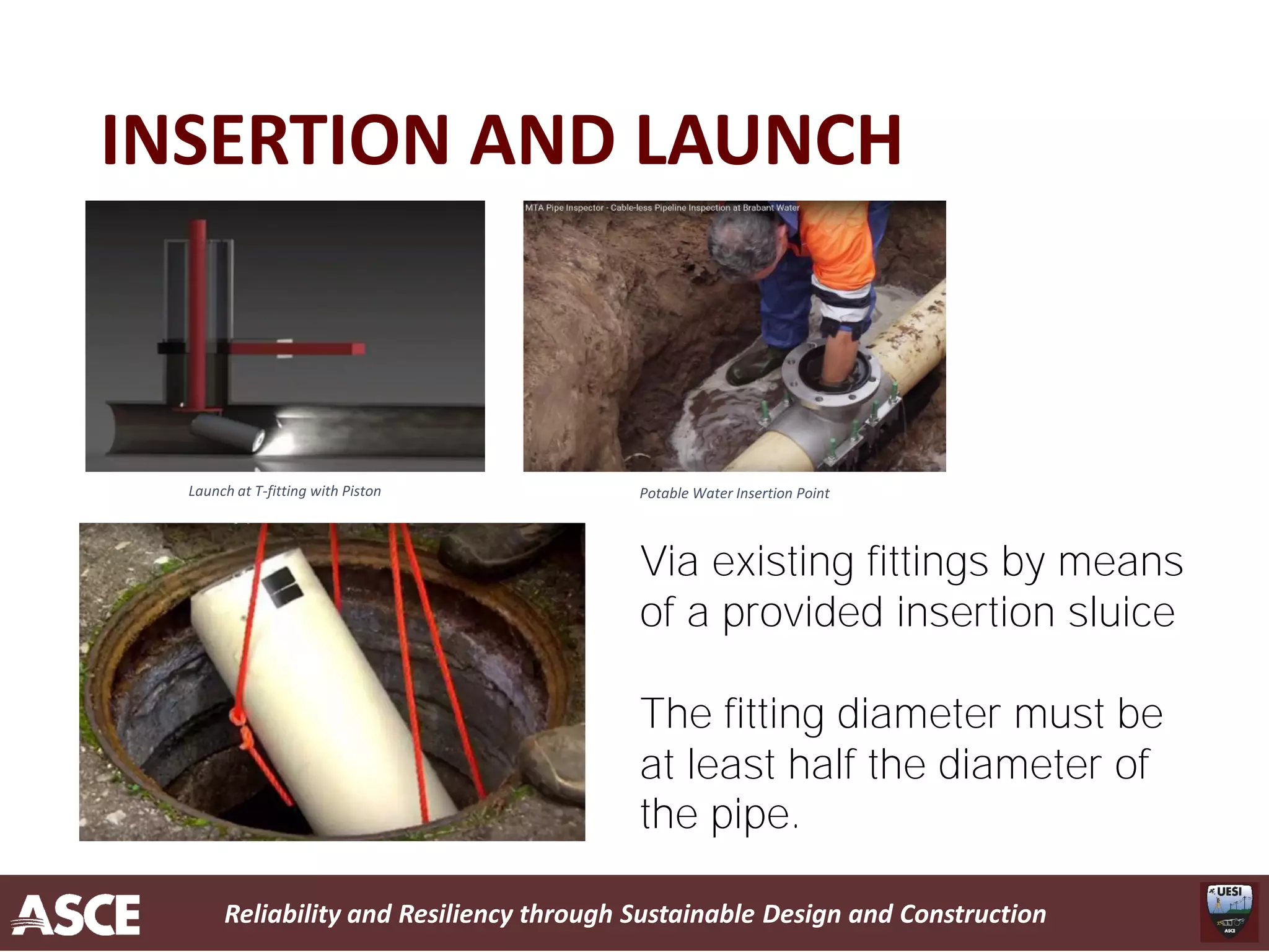 Reliability and Resiliency through Sustainable Design and Construction
INSERTION AND LAUNCH
Launch at T-fitting with Piston Potable Water Insertion Point
Via existing fittings by means
of a provided insertion sluice
The fitting diameter must be
at least half the diameter of
the pipe.
 