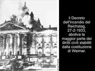 il Decreto 
dell'incendio del 
Reichstag, 
27-2-1933, 
aboliva la 
maggior parte dei 
diritti civili stabiliti 
dalla costituzione 
di Weimar. 
 
