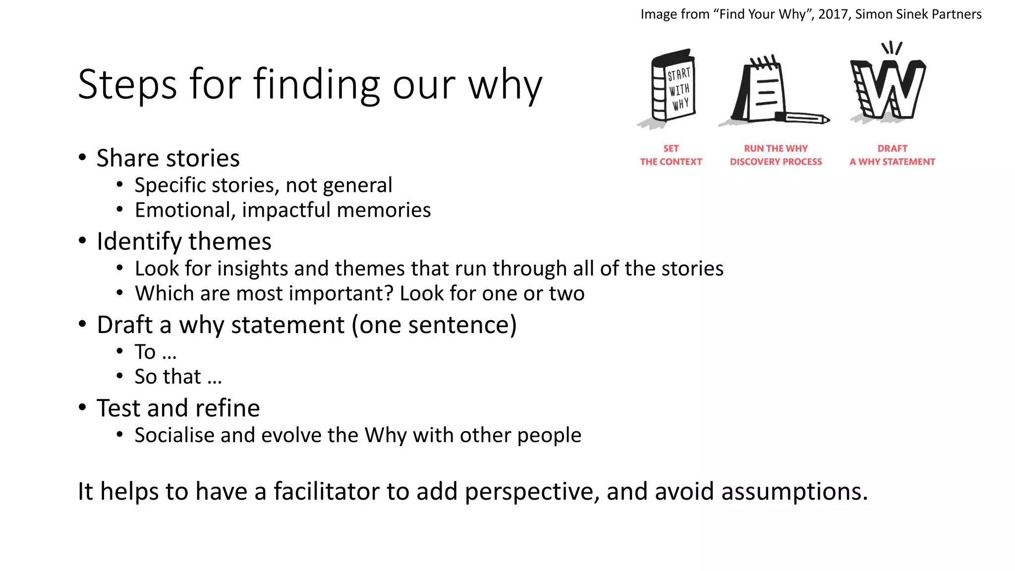 Steps for finding our why
• Share stories
• Specific stories, not general
• Emotional, impactful memories
• Identify themes
• Look for insights and themes that run through all of the stories
• Which are most important? Look for one or two
• Draft a why statement (one sentence)
• To …
• So that …
• Test and refine
• Socialise and evolve the Why with other people
It helps to have a facilitator to add perspective, and avoid assumptions.
Image from “Find Your Why”, 2017, Simon Sinek Partners
 