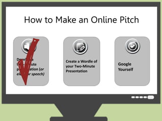 How to Make an Online Pitch 
Google 
Yourself 
Create a Wordle of 
your Two-Minute 
Presentation 
Develop a 
two-minute 
presentation (or 
elevator speech) 
 