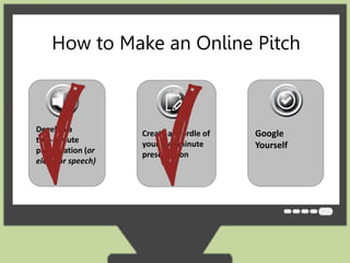 How to Make an Online Pitch 
Google 
Yourself 
Create a Wordle of 
your two-minute 
presentation 
Develop a 
two-minute 
presentation (or 
elevator speech) 
 
