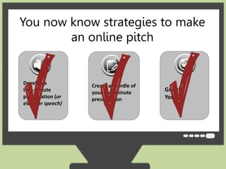 You now know strategies to make 
an online pitch 
Google 
Yourself 
Create a Wordle of 
your two-minute 
presentation 
Develop a 
two-minute 
presentation (or 
elevator speech) 
 