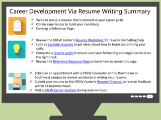 Career Development Via Resume Writing Summary 
 Write or revise a resume that is tailored to your career goals. 
 Obtain experiences to build your candidacy. 
 Develop a Reference Page. 
 Review the CREW Center’s Resume Worksheet for resume formatting help 
 Look at example resumes to get ideas about how to begin customizing your 
skills. 
 Complete a resume audit to ensure sure your formatting and organization is on 
the right track. 
 Review the Reference Resource Page to learn how to create this page. 
 Schedule an appointment with a CREW Counselor on the Downtown or 
Southwest campus to receive assistance in writing your resume. 
 Submit your resume to the CREW Center’s Resume Dropbox to receive feedback 
within 48 business hours. 
 Visit a CREW Center location during walk-in hours. 
 
