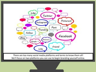 Twitter 
Pinterest 
Facebook 
Instagram 
Follow 
Like 
Post 
Friend 
Trending 
Like 
Google + 
Slideshare 
Blog 
There are too many social media platforms and terms to know them all! 
We’ll focus on two platforms you can use to begin branding yourself online. 
 