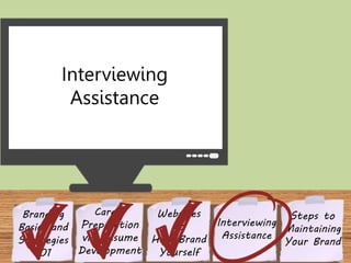 Interviewing 
Assistance 
Websites 
to 
Help Brand 
Yourself 
Branding 
Basics and 
Strategies 
101 
Interviewing 
Assistance 
Career 
Preparation 
via Resume 
Development 
Steps to 
Maintaining 
Your Brand 
 