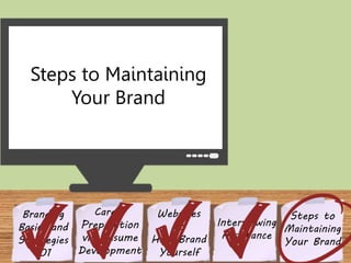 Steps to Maintaining 
Your Brand 
Websites 
to 
Help Brand 
Yourself 
Branding 
Basics and 
Strategies 
101 
Interviewing 
Assistance 
Career 
Preparation 
via Resume 
Development 
Steps to 
Maintaining 
Your Brand 
 