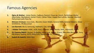 Famous Agencies
1. Ogivy & Mather : Asian Paints, Cadbury, Fevicol, Close-up, Hutch, Perfettivan Melle(
Alpenliebe, Big Babool, Center Fresh, Cahtar Patar, Happy Dent white, Marbel, Mentos)
Parle,Krack jack,Titan,Taj
2. McCann Erickson: Coca Cola , Bacardi, Exxon Mobil, General Mills,General Motors, Glaxo
Smithkline, HP,J&J,Loreal
3. Leo Burnett: Mc D, Samsung, Hallmark, Fiat, Kellogs
4. J Walter Thompson: HSBC, UCB, Ford, Unilever, Shell, Nestle, NIKE, Microsoft, Nokia
5. R K Swamy/BBDO: Henkel, Dr.Reddy, Dena Bank, Piagio, Orient, Mercedis Benz, Pirl, Sony,
RBI,Wipro, Godrej, DOTS, Birla SUN, Raymonds, LIC, Howkins
6. Saatchi & Saatchi: Mahindra
 