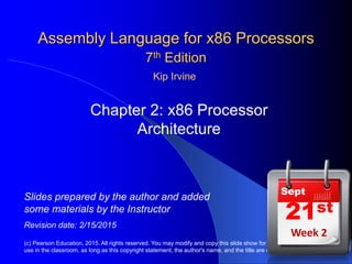 Assembly Language for x86 Processors
7th Edition
Chapter 2: x86 Processor
Architecture
(c) Pearson Education, 2015. All rights reserved. You may modify and copy this slide show for your personal use, or for
use in the classroom, as long as this copyright statement, the author's name, and the title are not changed.
Slides prepared by the author and added
some materials by the Instructor
Revision date: 2/15/2015
Kip Irvine
21st
Sept
Week 2
 