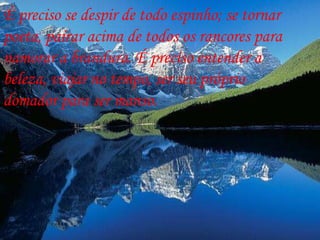 É preciso se despir de todo espinho; se tornar  poeta, pairar acima de todos os rancores para  namorar a brandura. É preciso entender a beleza, viajar no tempo, ser seu próprio  domador para ser manso.   