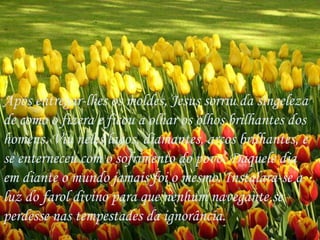 Após entregar-lhes os moldes, Jesus sorriu da singeleza de como o fizera e ficou a olhar os olhos brilhantes dos homens. Viu neles lagos, diamantes, arcos brilhantes, e se enterneceu com o sofrimento do povo. Daquele dia em diante o mundo jamais foi o mesmo. Instalara-se a luz do farol divino para que nenhum navegante se perdesse nas tempestades da ignorância.  