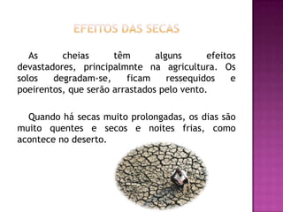 Efeitos das secasAs cheias têm alguns efeitos devastadores, principalmnte na agricultura. Os solos degradam-se, ficam ressequidos e poeirentos, que serão arrastados pelo vento. Quando há secas muito prolongadas, os dias são muito quentes e secos e noites frias, como acontece no deserto.