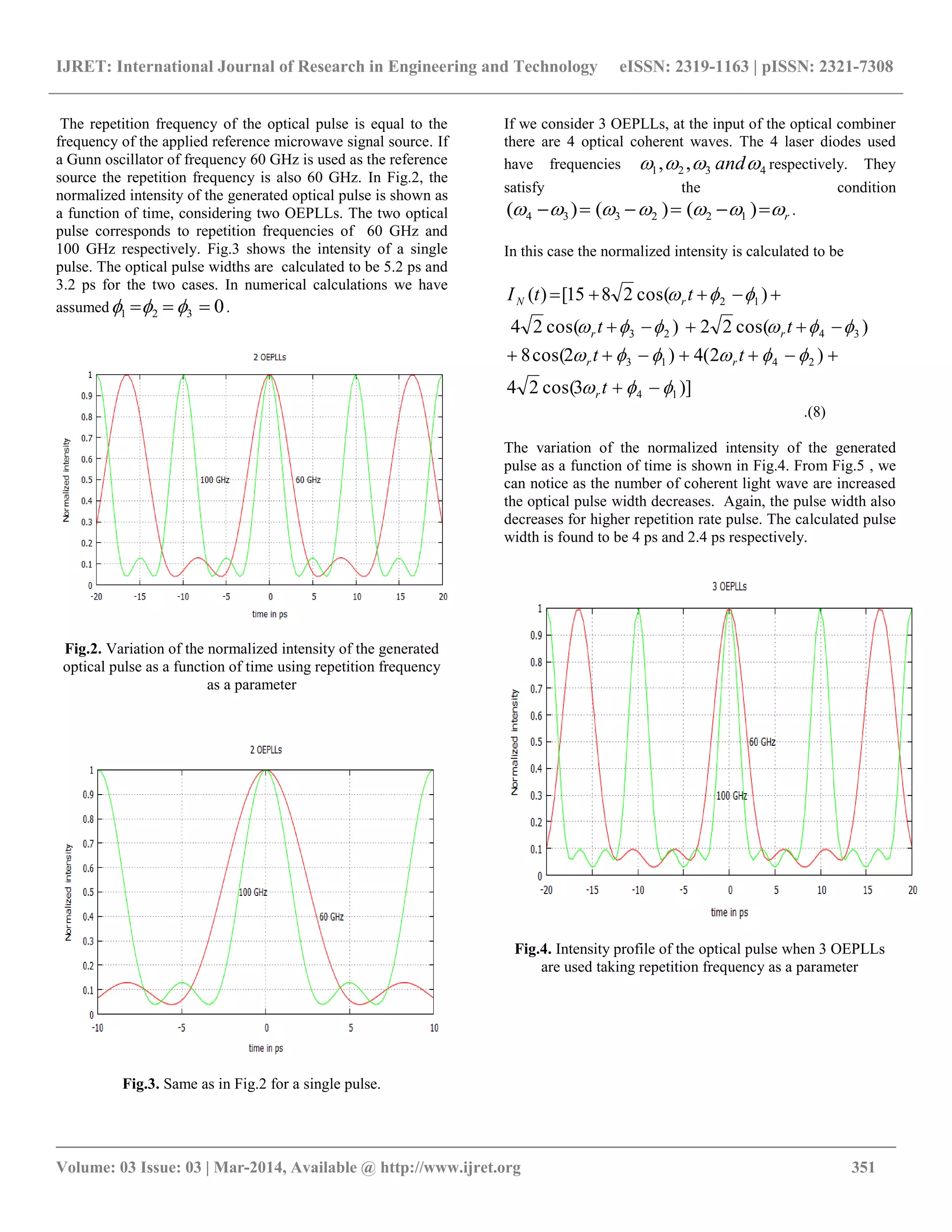IJRET: International Journal of Research in Engineering and Technology eISSN: 2319-1163 | pISSN: 2321-7308
__________________________________________________________________________________________
Volume: 03 Issue: 03 | Mar-2014, Available @ http://www.ijret.org 351
The repetition frequency of the optical pulse is equal to the
frequency of the applied reference microwave signal source. If
a Gunn oscillator of frequency 60 GHz is used as the reference
source the repetition frequency is also 60 GHz. In Fig.2, the
normalized intensity of the generated optical pulse is shown as
a function of time, considering two OEPLLs. The two optical
pulse corresponds to repetition frequencies of 60 GHz and
100 GHz respectively. Fig.3 shows the intensity of a single
pulse. The optical pulse widths are calculated to be 5.2 ps and
3.2 ps for the two cases. In numerical calculations we have
assumed 0321   .
Fig.2. Variation of the normalized intensity of the generated
optical pulse as a function of time using repetition frequency
as a parameter
Fig.3. Same as in Fig.2 for a single pulse.
If we consider 3 OEPLLs, at the input of the optical combiner
there are 4 optical coherent waves. The 4 laser diodes used
have frequencies 4321 ,,  and respectively. They
satisfy the condition
r  )()()( 122334 .
In this case the normalized intensity is calculated to be
)]3cos(24
)2(4)2cos(8
)cos(22)cos(24
)cos(2815[)(
14
2413
3423
12








t
tt
tt
ttI
r
rr
rr
rN
.(8)
The variation of the normalized intensity of the generated
pulse as a function of time is shown in Fig.4. From Fig.5 , we
can notice as the number of coherent light wave are increased
the optical pulse width decreases. Again, the pulse width also
decreases for higher repetition rate pulse. The calculated pulse
width is found to be 4 ps and 2.4 ps respectively.
Fig.4. Intensity profile of the optical pulse when 3 OEPLLs
are used taking repetition frequency as a parameter
 