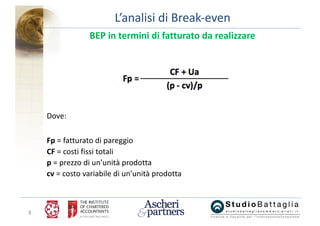 8
L’analisi	di	Break-even
BEP	in	termini	di	fatturato	da	realizzare
Dove:
Fp =	fatturato di	pareggio
CF =	costi fissi tota...