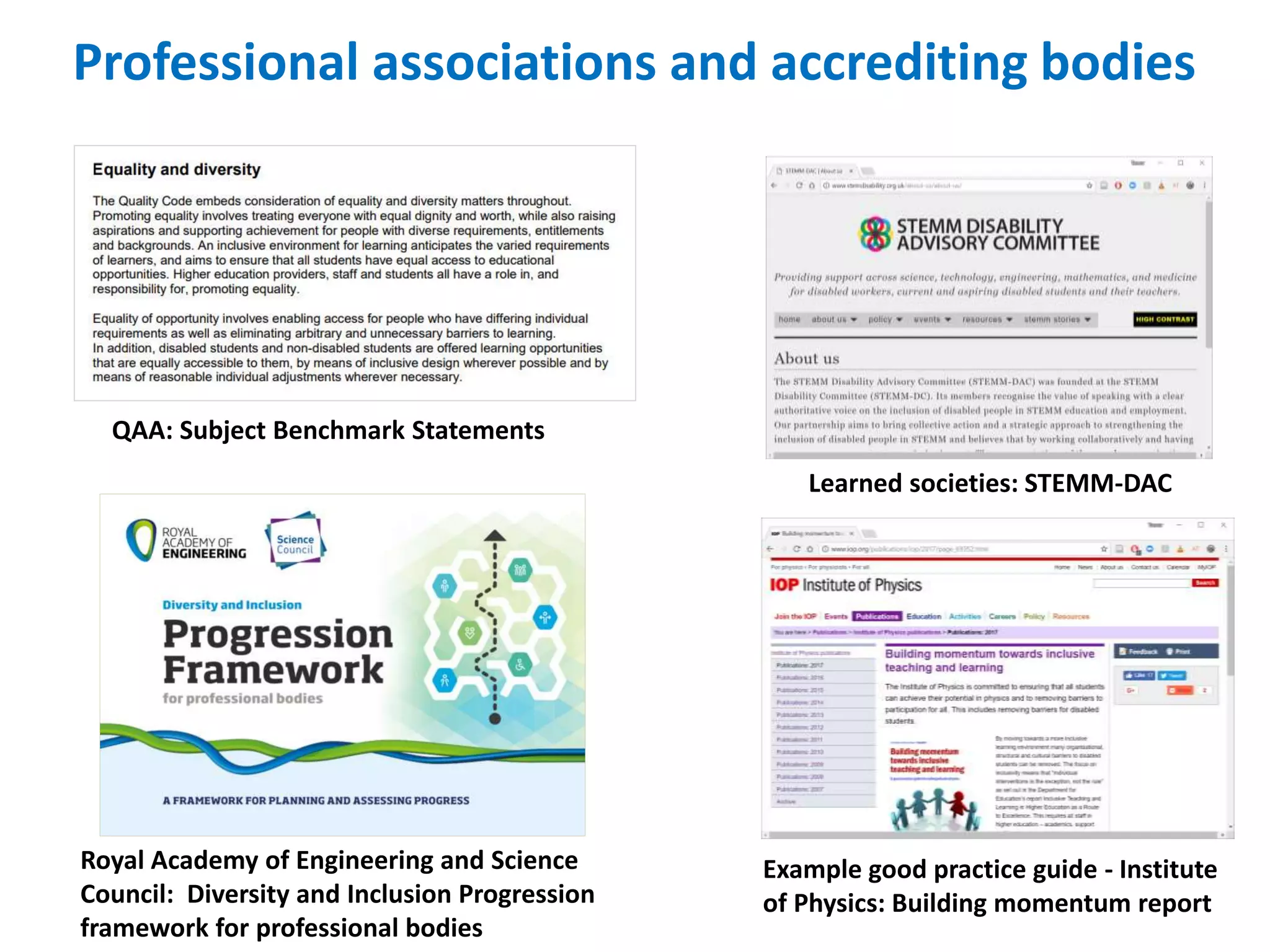 Professional associations and accrediting bodies
QAA: Subject Benchmark Statements
Learned societies: STEMM-DAC
Royal Academy of Engineering and Science
Council: Diversity and Inclusion Progression
framework for professional bodies
Example good practice guide - Institute
of Physics: Building momentum report
 