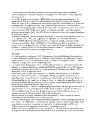 Los pacientes fueron sometidos a examen físico, resonancia magnética nuclear (RMN),
electrocardiograma y electroencefalograma, con el propósito fundamental de detectar posibles
efectos adversos.
Los niveles de anticuerpos en sangre y LCR se conocieron con enzimoinmunoensayo; la
respuesta se definió en presencia de un incremento significativo del título de IgG específica
contra Aß, respecto de la concentración basal (niveles superiores a 16 unidades en al menos una
determinación). Las respuestas contra Aß y Qß mediadas por linfocitos T se estudiaron en
células mononucleares de sangre periférica, obtenidas antes y dos semanas después de la tercera
inmunización con CAD106. La reactividad de los anticuerpos para las placas de amiloide se
confirmó en muestras de placas cerebrales de ratones transgénicos y en secciones del hipocampo
de un paciente con EA.
Al momento del rastreo y en dos momentos adicionales se valoraron diversos biomarcadores en
LCR y plasma (Aßx-40, Aßx-42, Aß1-42, proteína tau y proteína tau fosforilada, entre otros)
mediante ELISA. El efecto del tratamiento sobre la progresión de la EA se analizó con la
Neuropsychological Test Battery, la MMSE, la Clinical Dementia Rating, la Alzheimer’s
Disease Cooperative Study-Activities of Daily Living (ADCS-ADL) y con RMN volumétrica. El
área bajo la curva de IgG Aß, la concentración plasmática máxima (Cmáx) y el tiempo hasta la
Cmáx se determinaron con métodos no compartimentales.

Resultados
Los pacientes fueron enrolados en 2007; el seguimiento de seguridad de dos años se completó
en 2010. Ambas cohortes incluyeron 31 enfermos; en la primera de ellas, 24 pacientes fueron
tratados con CAD106 y siete recibieron placebo, en tanto que en la segunda cohorte, 22 sujetos
integraron el grupo activo, y cinco, el grupo placebo.
Las características demográficas fueron similares en los enfermos de ambos grupos; en las dos
cohortes, el porcentaje de enfermos tratados con CAD106 portadores del gen ApoE?4 fue mayor
respecto de los grupos placebo (92% en comparación con 57% en la primera cohorte y 77%
respecto de 20% en la segunda cohorte).
Globalmente, el 97% de los pacientes (56 de 58) presentó efectos adversos; en la primera
cohorte, los más comunes fueron la rinofaringitis, la fatiga y la cefalea, mientras que en la
segunda cohorte, las manifestaciones colaterales más frecuentes fueron el eritema y dolor en el
sitio de la aplicación, los escalofríos, la fatiga, la fiebre y la cefalea. En la segunda cohorte, la
frecuencia de efectos adversos aumentó entre la primera y la segunda aplicación (23% a 64%)
pero disminuyó después de la tercera inyección (46%).
Durante el período de 52 semanas, 9 enfermos presentaron efectos adversos graves; en la fase de
seguimiento de dos años, cuatro pacientes tratados con CAD106 en la primera cohorte y dos
enfermos de la segunda cohorte (uno de cada grupo) tuvieron efectos adversos graves; sin
embargo, ninguno de ellos se consideró relacionado con la terapia.
No se registraron diferencias importantes en los signos vitales y en los estudios de sangre y
orina entre los sujetos tratados con CAD106 o placebo.
En un paciente del grupo activo de cada cohorte se comprobaron cambios meníngeos en la RMN
de la semana 52; los hallazgos se vincularon con la punción lumbar o con trauma cerebral menor
pero ninguno se consideró compatible con meningitis. Un enfermo tratado con 50 µg de
CAD106 presentó un hematoma subdural crónico, antes de la semana 26.
Ningún hallazgo en la RMN se asoció con cambios en el LCR, sugestivos de inflamación; sólo
en un paciente de la primera cohorte tratado con CAD106, el recuento de células mononucleares
 