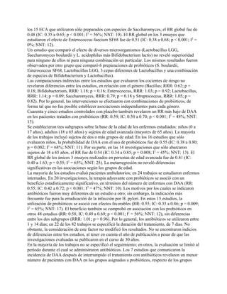 los 15 ECA que utilizaron sólo preparados con especies de Saccharomyces, el RR global fue de
0.48 (IC: 0.35 a 0.65; p < 0.001; I2 = 56%; NNT: 10). El RR global en los 3 ensayos que
estudiaron el efecto de Enterococcus faecium SF68 fue de 0.51 (IC: 0.38 a 0.68; p < 0.001; I2 =
0%; NNT: 12).
Un estudio que comparó el efecto de diversos microorganismos (Lactobacillus LGG,
Saccharomyces boulardii y L. acidophilus más Bifidobacterium lactis) no reveló superioridad
para ninguno de ellos ni para ninguna combinación en particular. Los mismos resultados fueron
observados por otro grupo que comparó 6 preparaciones de probióticos (S. boulardii,
Enterococcus SF68, Lactobacillus LGG, 3 cepas diferentes de Lactobacillus y una combinación
de especies de Bifidobacterium y Lactobacillus).
Las comparaciones indirectas entre los estudios que evaluaron los cocientes de riesgo no
revelaron diferencias entre los estudios, en relación con el género (Bacillus; RRR: 0.62; p =
0.18; Bifidobacterium, RRR: 1.18; p = 0.16; Enterococcus, RRR: 1.03; p = 0.92; Lactobacillus,
RRR: 1.14; p = 0.09; Saccharomyces, RRR: 0.79; p = 0.18 y Streptococcus, RRR: 1.05; p =
0.82). Por lo general, las intervenciones se efectuaron con combinaciones de probióticos, de
forma tal que no fue posible establecer asociaciones independientes para cada género.
Cuarenta y cinco estudios controlados con placebo también revelaron un RR más bajo de DAA
en los pacientes tratados con probióticos (RR: 0.59; IC: 0.50 a 0.70; p < 0.001; I2 = 48%; NNT:
13).
Se establecieron tres subgrupos sobre la base de la edad de los enfermos estudiados: niños (0 a
17 años), adultos (18 a 65 años) y sujetos de edad avanzada (mayores de 65 años). La mayoría
de los trabajos incluyó sujetos de dos o más grupos de edad. En los 16 estudios que sólo
evaluaron niños, la probabilidad de DAA con el uso de probióticos fue de 0.55 (IC: 0.38 a 0.80;
p = 0.002; I2 = 68%; NNT: 11). Por su parte, en las 14 investigaciones que sólo abarcaron
sujetos de 18 a 65 años, el RR fue de 0.54 (IC: 0.34 a 0.85; p = 0.008; I2 = 45%; NNT: 13). El
RR global de los únicos 3 ensayos realizados en personas de edad avanzada fue de 0.81 (IC:
0.40 a 1.63; p = 0.55; I2 = 65%; NNT: 25). La metarregresión no reveló diferencias
significativas en las asociaciones según los grupos de edad.
La mayoría de los estudios evaluó pacientes ambulatorios; en 24 trabajos se estudiaron enfermos
internados. En 20 investigaciones, la terapia adyuvante con probióticos se asoció con un
beneficio estadísticamente significativo, en términos del número de enfermos con DAA (RR:
0.55; IC: 0.42 a 0.72; p < 0.001; I2 = 47%; NNT: 10). Los motivos por los cuales se indicaron
antibióticos fueron muy diferentes de un estudio a otro; sin embargo, la indicación más
frecuente fue para la erradicación de la infección por H. pylori. En estos 15 estudios, la
utilización de probióticos se asoció con efectos favorables (RR: 0.55; IC: 0.35 a 0.86; p = 0.009;
I2 = 65%; NNT: 17). El beneficio también se comprobó en asociación con los probióticos en
otros 48 estudios (RR: 0.58; IC: 0.49 a 0.69; p < 0.001; I2 = 56%; NNT: 12), sin diferencias
entre los dos subgrupos (RRR: 1.01; p = 0.96). Por lo general, los antibióticos se utilizaron entre
1 y 14 días; en 22 de los 82 trabajos se especificó la duración del tratamiento, de 7 días. No
obstante, la consideración de este factor no modificó los resultados. No se encontraron indicios
de diferencias entre los estudios, al tener en cuenta el año de publicación a pesar de que las
investigaciones evaluadas se publicaron en el curso de 30 años.
En la mayoría de los trabajos no se especificó el seguimiento; en otros, la evaluación se limitó al
período durante el cual se administraron antibióticos. Los 7 estudios que comunicaron la
incidencia de DAA después de interrumpido el tratamiento con antibióticos revelaron un menor
número de pacientes con DAA en los grupos asignados a probióticos, respecto de los grupos
 