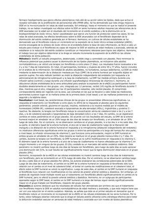 fármaco hipolipemiante que ejerce efectos pleiotrópicos más allá de su acción sobre los lípidos, dado que activa el
receptor activador de la proliferación de peroxisomas alfa (PPAR-alfa). Se ha demostrado que esta droga mejora la
DDE en la microcirculación en ratas de edad avanzada. Sin embargo, hasta el momento en que se realizó el presente
trabajo, no se habían investigado sus efectos sobre la DDE en seres humanos adultos mayores.Las alteraciones de la
DDE asociadas con la edad son el resultado del incremento en el estrés oxidativo y de la disminución en la
biodisponibilidad de óxido nítrico, factor vasodilatador que ejerce una función de protección sobre los vasos. En las
ratas de edad avanzada, los efectos beneficiosos sobre la DDE alcanzados con el fenofibrato dependen de la
disminución del estrés oxidativo generada por el fármaco. Asimismo, en cultivos de células endoteliales se ha
demostrado que el fenofibrato induce un incremento en la expresión de la óxido nítrico sintasa endotelial (eNOS),
enzima encargada de la síntesis de óxido nítrico en el endotelio.Sobre la base de esta información, se llevó a cabo un
estudio para evaluar si el fenofibrato es capaz de mejorar la DDE en adultos de edad mediana y avanzada, además de
establecer si la reducción del estrés oxidativo constituye un mecanismo relevante para lograr ese objetivo. Asimismo,
el trabajo tuvo por objetivo determinar si la droga en estudio incrementa la expresión de la eNOS en las células
endoteliales de dicha población.
MétodosSe diseñó un estudio prospectivo, aleatorizado, a doble ciego y controlado con placebo. Para minimizar la
influencia potencial que pudiera causar la disminución de los lípidos plasmáticos, se incluyeron sólo adultos
normolipidémicos y se utilizó una terapia con fenofibrato a corto plazo (7 días). Los resultados fueron evaluados a los
2 y a los 7 días de tratamiento. En total, 22 participantes, hombres y mujeres de entre 50 y 77 años, fueron incluidos
en el análisis de la información. Se trataba de adultos saludables, no fumadores, aunque sedentarios. La DDE se midió
mediante la determinación de la dilatación mediada por flujo (DMF) de la arteria humeral por ecografía dúplex en
posición supina. Por este método también se midió la dilatación independiente del endotelio (en respuesta a la
administración de nitroglicerina sublingual) y la tasa de cizallamiento. La DMF fue medida primero durante una
infusión salina (control) y luego durante una infusión suprafisiológica intravenosa de vitamina C. Asimismo, se
obtuvieron células endoteliales de la vena antecubital para analizar la expresión de la eNOS.Los participantes fueron
divididos aleatoriamente en dos grupos: uno, integrado por 12 personas, recibió 145 mg/día de fenofibrato durante 7
días, mientras que el otro, integrado por los 10 participantes restantes, sólo recibió placebo. El comprimido
correspondiente debía ser ingerido con la cena. Las consultas en las que se llevaron a cabo todas las mediciones
pertinentes tuvieron lugar en la mañana antes de la primera dosis (nivel basal) y en las mañanas posteriores a la
segunda y la séptima dosis.
ResultadosA nivel basal, las características clínicas de los grupos no presentaban diferencias significativas. La
respuesta al tratamiento con fenofibrato a corto plazo no difirió de la respuesta al placebo para los siguientes
parámetros: presión arterial, glucemia en ayunas, insulina, resistencia a la insulina medida por el modelo de
homeostasis (HOMA-IR), colesterol asociado a lipoproteínas de alta densidad (HDLc), triglicéridos y proteína C-
reactiva. No obstante, la terapia con fenofibrato redujo la concentración sérica de colesterol total a los 2 y a los 7
días, y la de colesterol asociado a lipoproteínas de baja densidad (LDLc) a los 7 días. En cambio, no se registraron
cambios en estos parámetros en el grupo placebo. De acuerdo con los resultados del estudio, la DMF de la arteria
humeral mejoró en alrededor de un 20% luego de dos días de terapia con fenofibrato, y en alrededor de un 30%
luego de siete días. Por el contrario, no se observaron cambios en el grupo placebo, ni a los dos ni a los siete días. Por
su parte, el diámetro basal de la arteria humeral, el pico de la tasa de cizallamiento luego de la liberación del
manguito y la dilatación de la arteria humeral en respuesta a la nitroglicerina (dilatación independiente del endotelio)
no mostraron diferencias significativas entre los grupos ni entre los participantes a lo largo del tiempo.Por otra parte,
a nivel basal, la infusión intravenosa de vitamina C, que funciona como antioxidante, mejoró la DMF humeral en
ambos grupos en alrededor de un 25%. Esta mejoría se mantuvo en el grupo placebo transcurridos 2 y 7 días. En
cambio, durante la terapia con fenofibrato, la DMF humeral ya no sufrió modificaciones en respuesta a la vitamina C.
El diámetro basal de la arteria humeral y el pico de la tasa de cizallamiento no fueron afectados por la vitamina C en
ningún momento y en ninguno de los grupos. El LDLc oxidado es un marcador del estrés oxidativo sistémico. Este
parámetro no mostró cambios luego de dos días de terapia con fenofibrato, pero luego de siete días se pudo apreciar
una disminución del 21%, la cual resulta ser significativamente mayor que la ligera disminución observada en el grupo
placebo (8%).
Asimismo, la expresión de la eNOS en las células endoteliales no mostró cambios luego de dos días de tratamiento
con fenofibrato, pero se incrementó en un 41% luego de siete días. Por el contrario, no se observaron cambios luego
de dos y siete días en el grupo placebo.Por último, los autores analizaron las correlaciones potenciales de la DDE.
Luego de dos días de tratamiento, el cambio en la DMF de la arteria humeral en respuesta al fenofibrato sólo tuvo
relación con el cambio en el nivel de colesterol total; al tomar en cuenta las modificaciones en el colesterol total, el
efecto sobre la DMF humeral se volvió no significativo. Luego de siete días, el cambio en la DMF humeral en respuesta
al fenofibrato tuvo relación con modificaciones en los valores de presión arterial sistólica y diastólica. Sin embargo, un
análisis de regresión lineal múltiple reveló que el tratamiento con fenofibrato afectó significativamente el cambio en la
DMF humeral, pero no afectó la presión arterial sistólica y diastólica. Asimismo, en un subgrupo de participantes
apareados según la DMF basal, el cambio en la DMF humeral a lo largo del tiempo siguió siendo significativamente
mayor en el grupo tratado con fenofibrato, respecto del grupo placebo.
DiscusiónLos autores destacan que los resultados del estudio han demostrado por primera vez que el tratamiento
con fenofibrato mejora la DDE en adultos normolipidémicos de edad mediana y avanzada, y que esta mejora tiene que
ver con una reducción en el estrés oxidativo. Además, se señala que éste es el primer estudio en demostrar que el
fenofibrato induce un incremento en la expresión de la eNOS en las células endoteliales de los seres humanos. Por lo
tanto, estos hallazgos estarían indicando que la droga en estudio podría utilizarse como estrategia efectiva para tratar
la disfunción endotelial vascular en personas de edad mediana o avanzada aun con niveles de lípidos plasmáticos
 