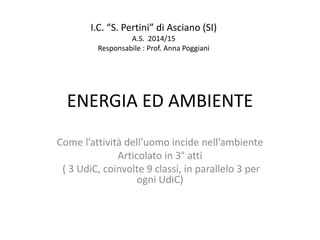 ENERGIA ED AMBIENTE
Come l’attività dell’uomo incide nell’ambiente
Articolato in 3° atti
( 3 UdiC, coinvolte 9 classi, in parallelo 3 per
ogni UdiC)
I.C. “S. Pertini” di Asciano (SI)
A.S. 2014/15
Responsabile : Prof. Anna Poggiani
 